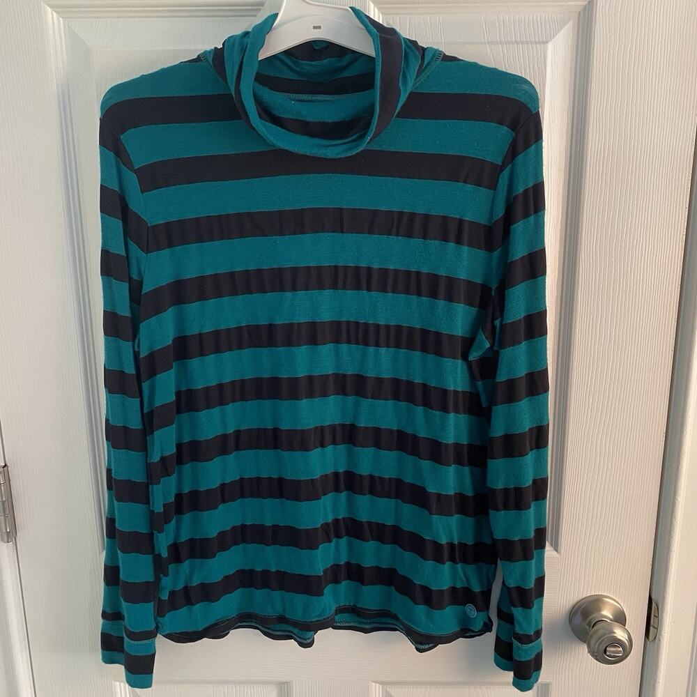 Talbots Tee Shirt Womens L Green Black Rugby Striped Long Sleeve Turtleneck Top